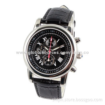 Stainless Steel Business Watch with Genuine Leather Band, Chronograph, Date, OEM, Made in China